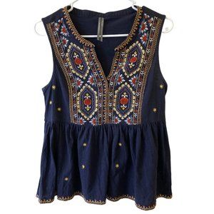 Anthropologie navy embroidered v-neck peplum hem boho tank, size M